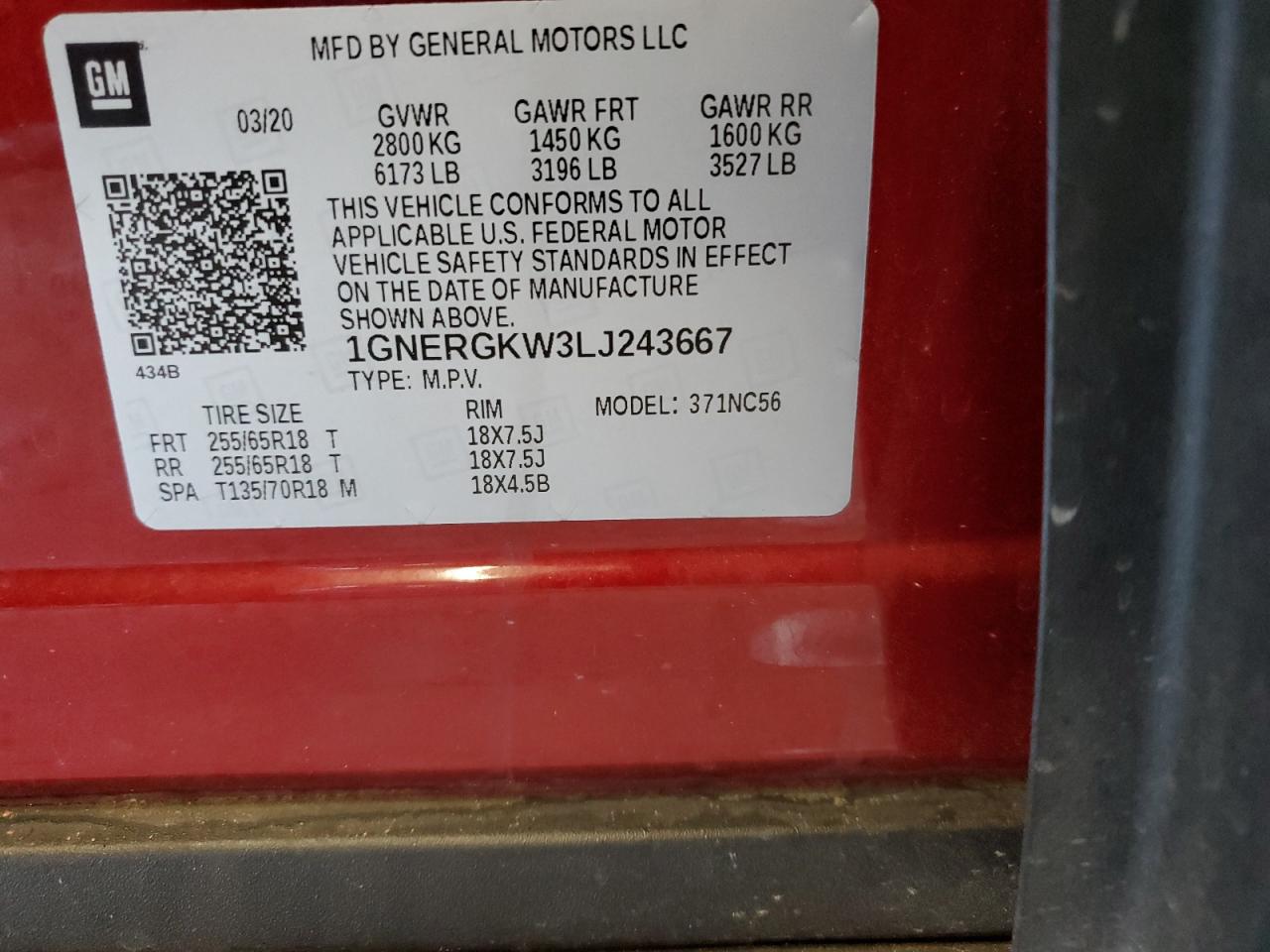 2020 Chevrolet Traverse VIN 1GNERGKW3LJ243667 Copart auction photo, side / front end damage thumbnail 14
