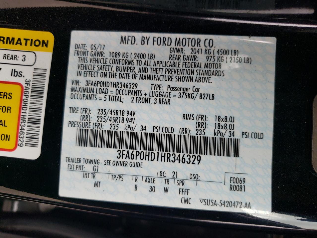 2017 Ford Fusion VIN 3FA6P0HD1HR346329 Copart auction photo, front end / side damage thumbnail 12