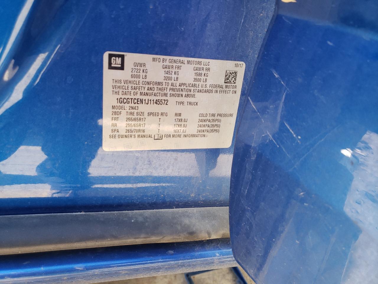 2018 Chevrolet Colorado VIN 1GCGTCEN1J1145572 Copart auction photo, front end / side damage thumbnail 14