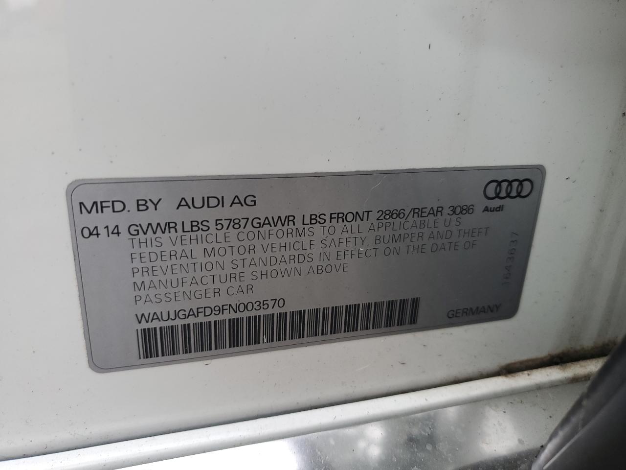 2015 Audi A8 VIN WAUJGAFD9FN003570 Copart auction photo, all over damage thumbnail 12