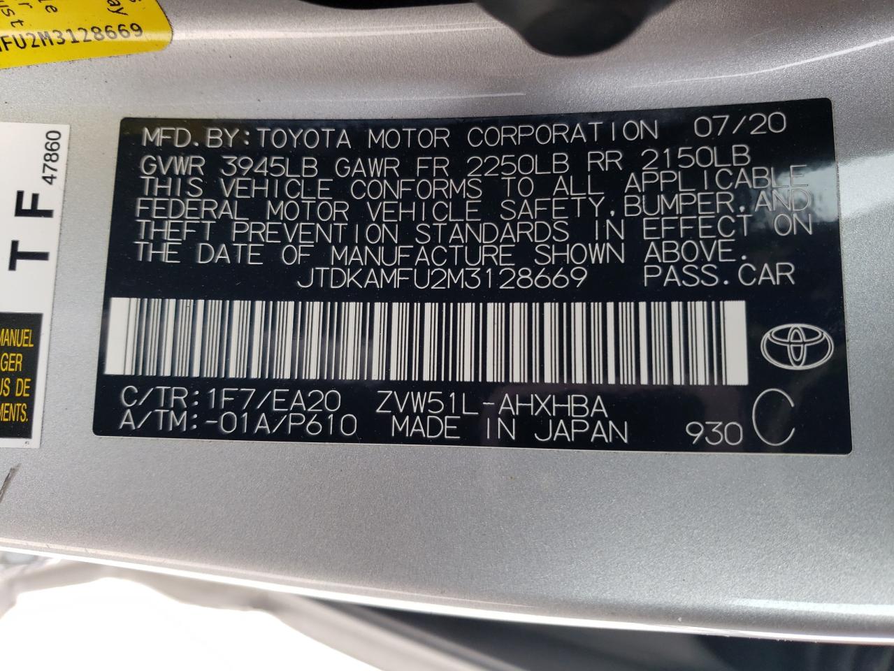 2021 Toyota Prius VIN JTDKAMFU2M3128669 Copart auction photo, side / minor dent/scratches damage thumbnail 12