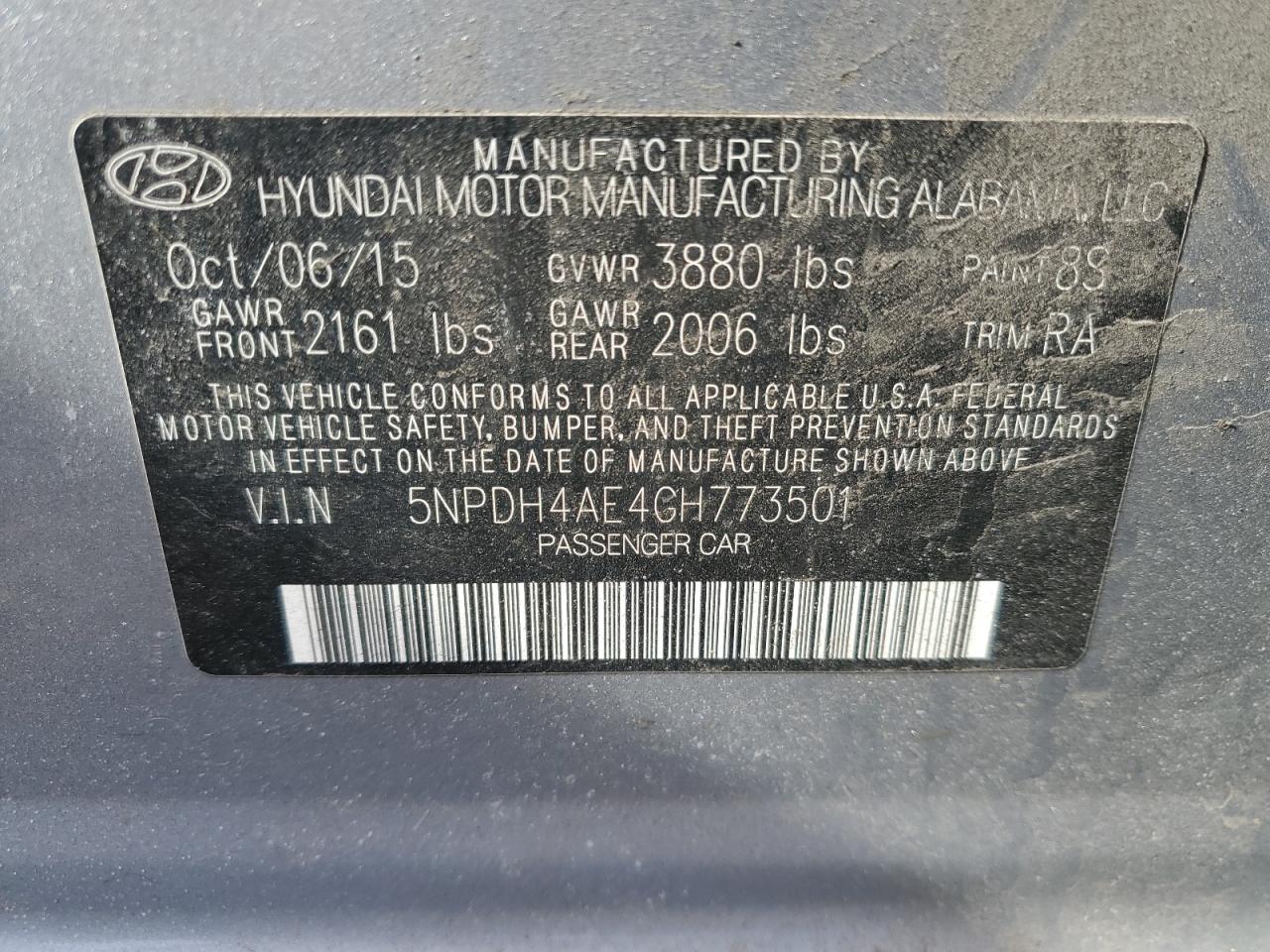 2016 Hyundai Elantra VIN 5NPDH4AE4GH773501 Copart auction photo, front end damage thumbnail 12