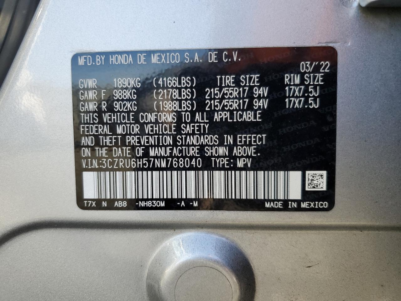 2022 Honda HR-V VIN 3CZRU6H57NM768040 Copart auction photo, side / front end damage thumbnail 15