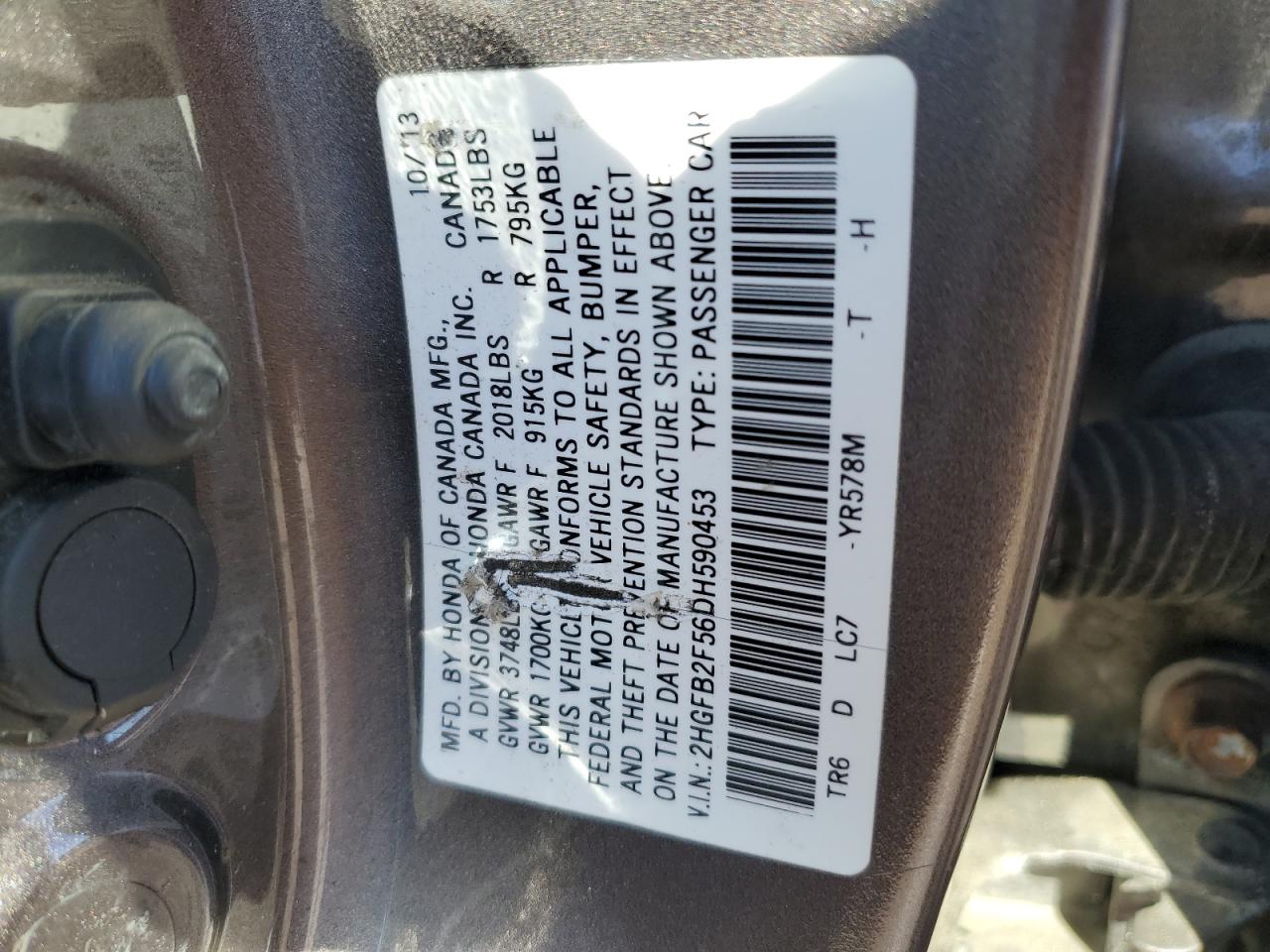 2013 Honda Civic VIN 2HGFB2F56DH590453 Copart auction photo, all over damage thumbnail 12