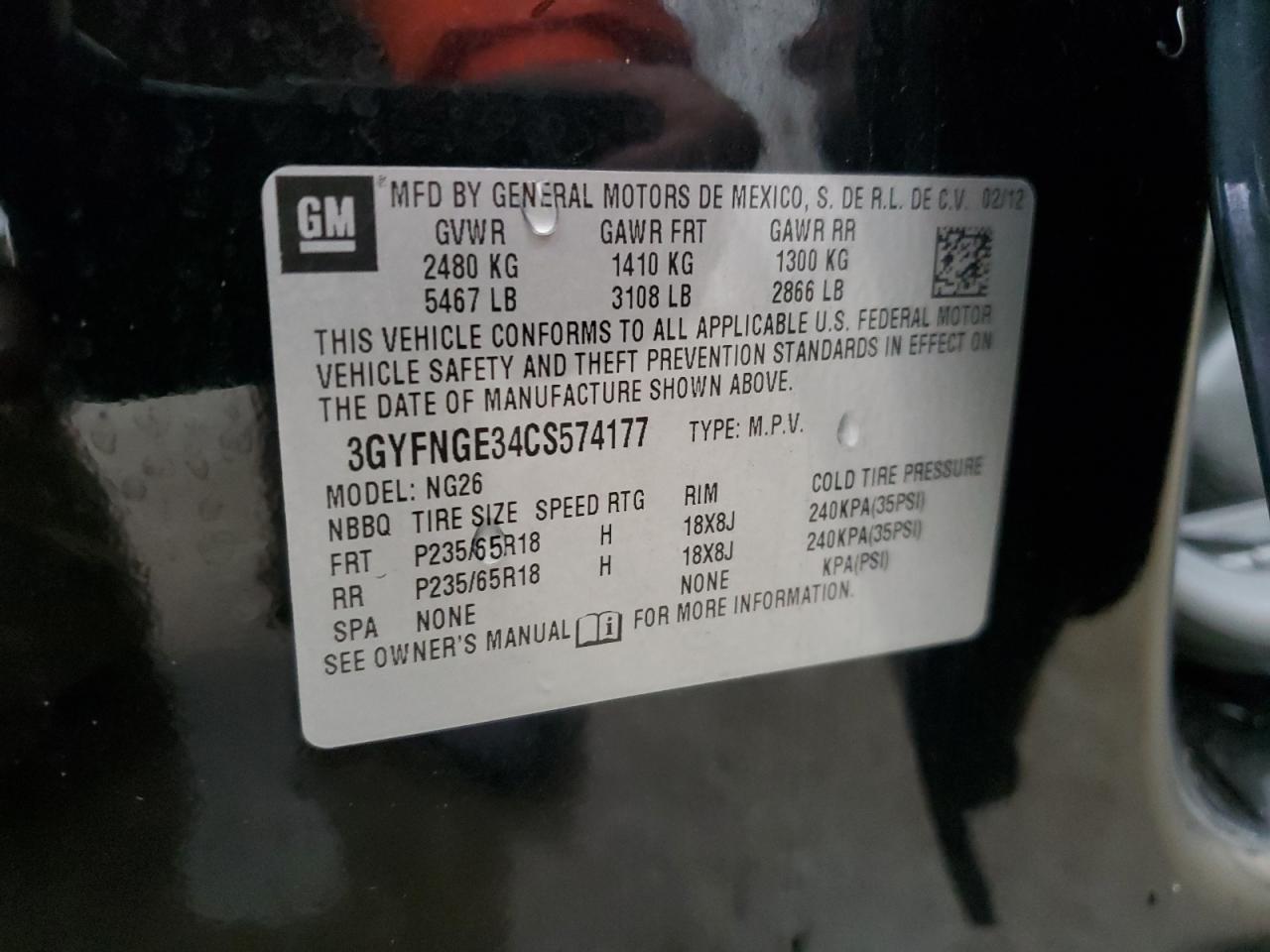 2012 Cadillac SRX VIN 3GYFNGE34CS574177 Copart auction photo, front end damage thumbnail 13