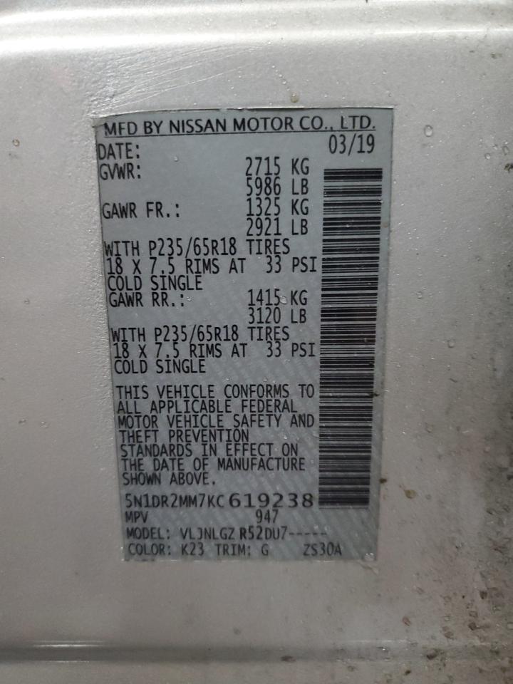 2019 Nissan Pathfinder VIN 5N1DR2MM7KC619238 Copart auction photo, front end / undercarriage damage thumbnail 13