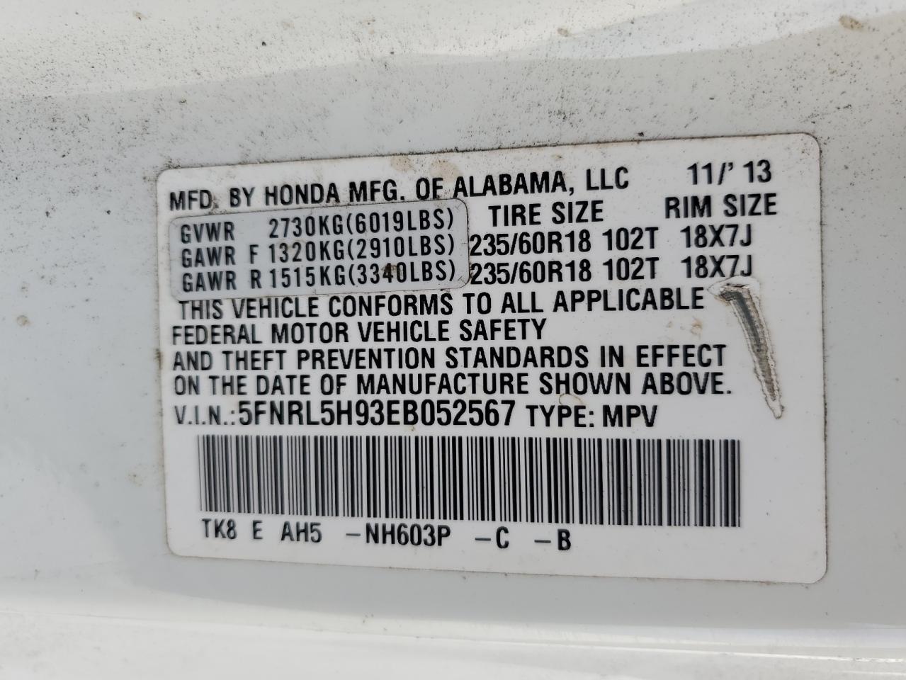 2014 Honda Odyssey VIN 5FNRL5H93EB052567 Copart auction photo, rear end / minor dent/scratches damage thumbnail 14