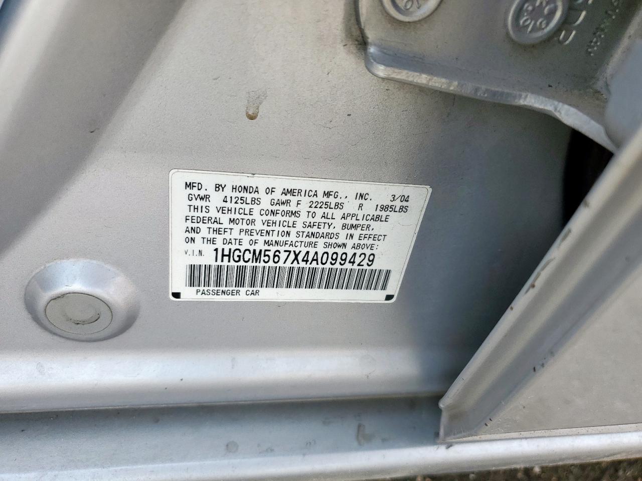 2004 Honda Accord VIN 1HGCM567X4A099429 Copart auction photo, side damage thumbnail 14