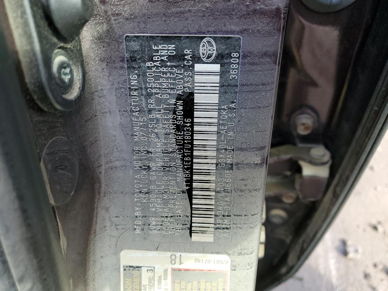 2015 Toyota Avalon VIN 4T1BK1EB1FU180346 Copart auction photo, water/flood damage thumbnail 12