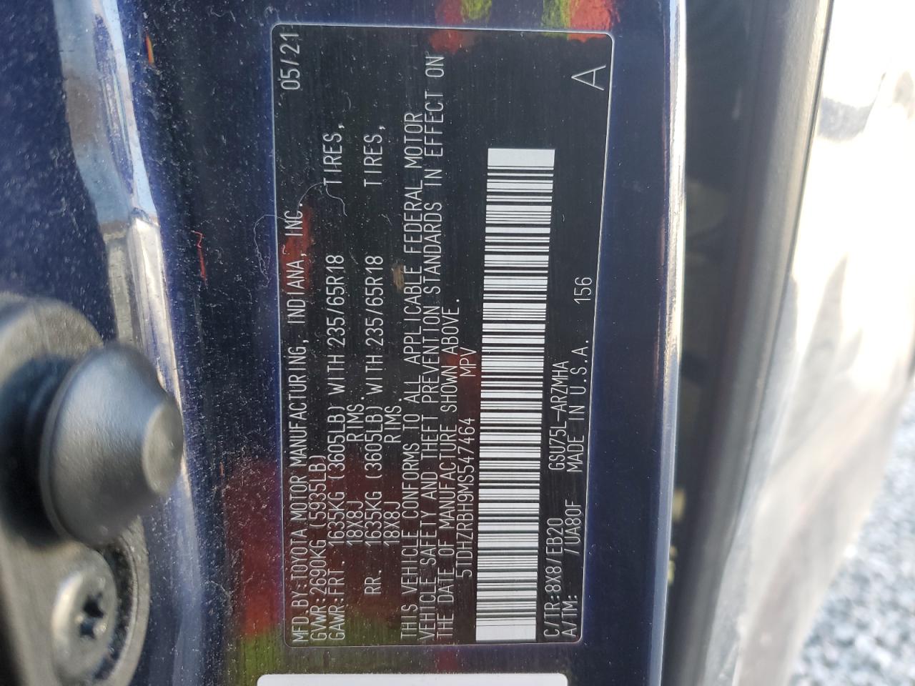 2021 Toyota Highlander VIN 5TDHZRBH9MS547464 Copart auction photo, side damage thumbnail 16