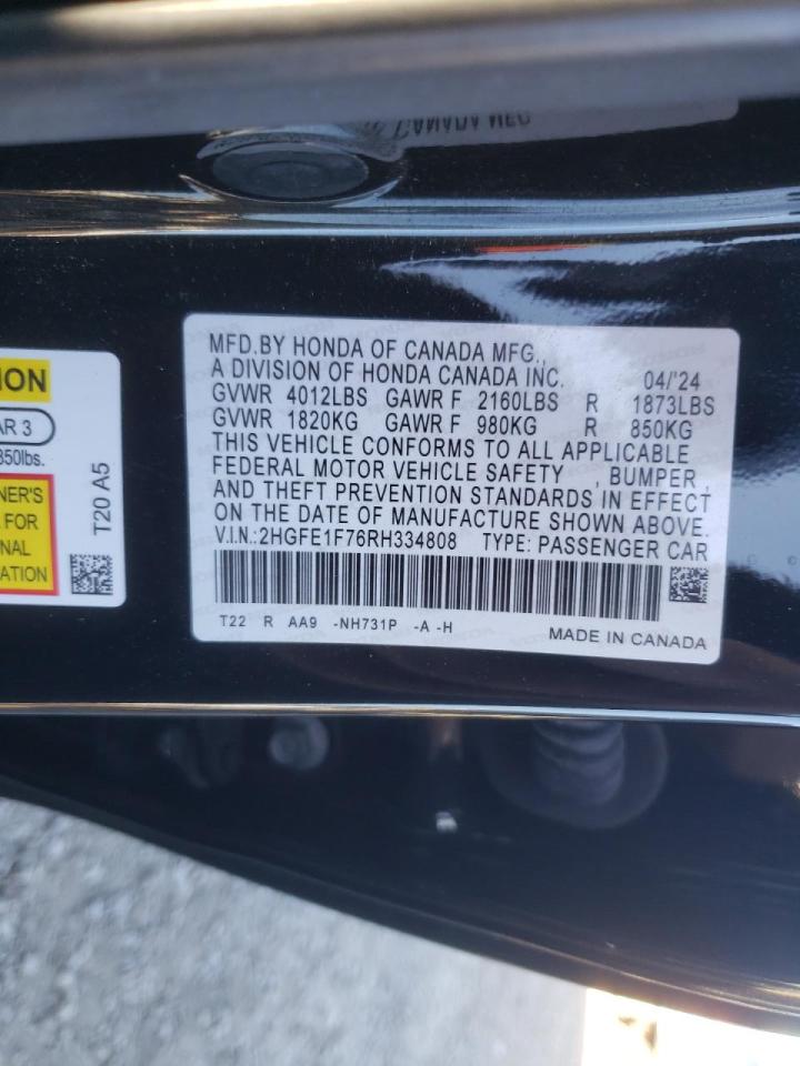 2024 Honda Civic VIN 2HGFE1F76RH334808 Copart auction photo, all over damage thumbnail 13