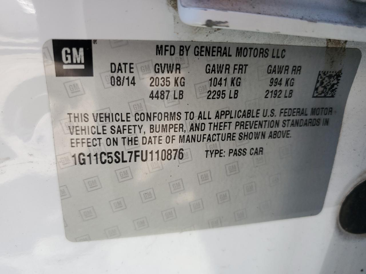2015 Chevrolet Malibu VIN 1G11C5SL7FU110876 Copart auction photo, front end damage thumbnail 12