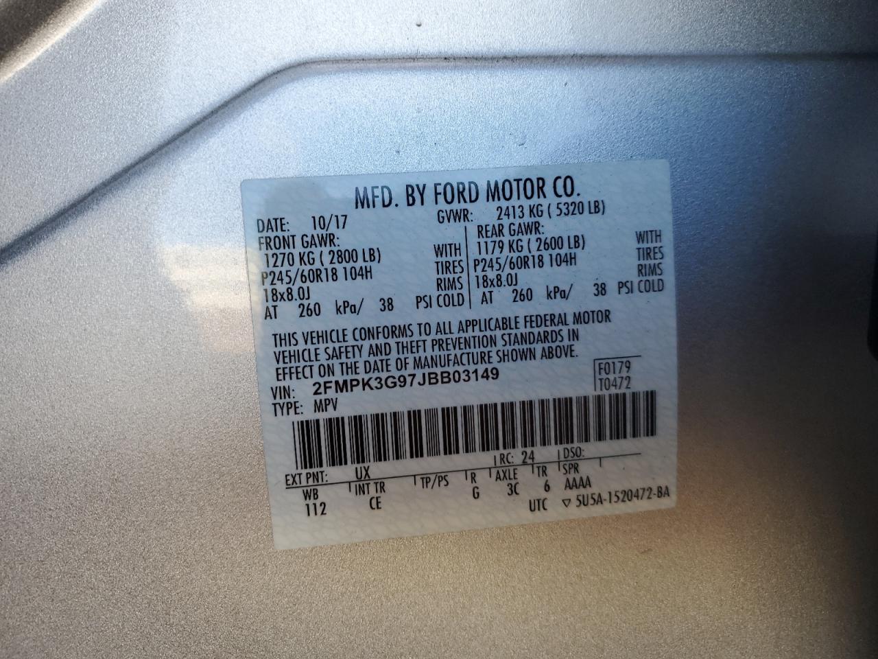 2018 Ford Edge VIN 2FMPK3G97JBB03149 Copart auction photo, front end damage thumbnail 14