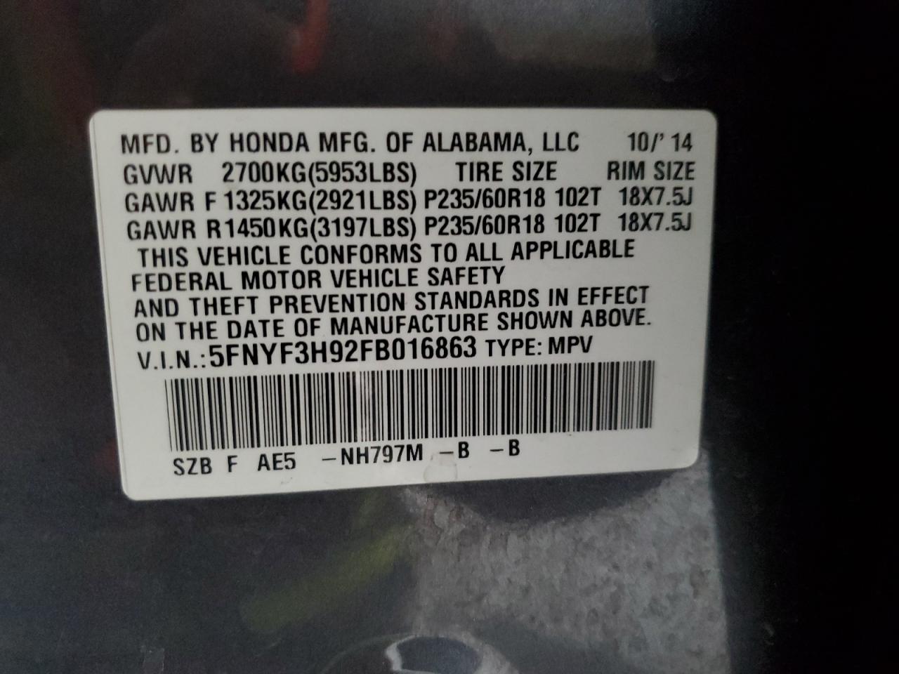 2015 Honda Pilot VIN 5FNYF3H92FB016863 Copart auction photo, mechanical damage thumbnail 13
