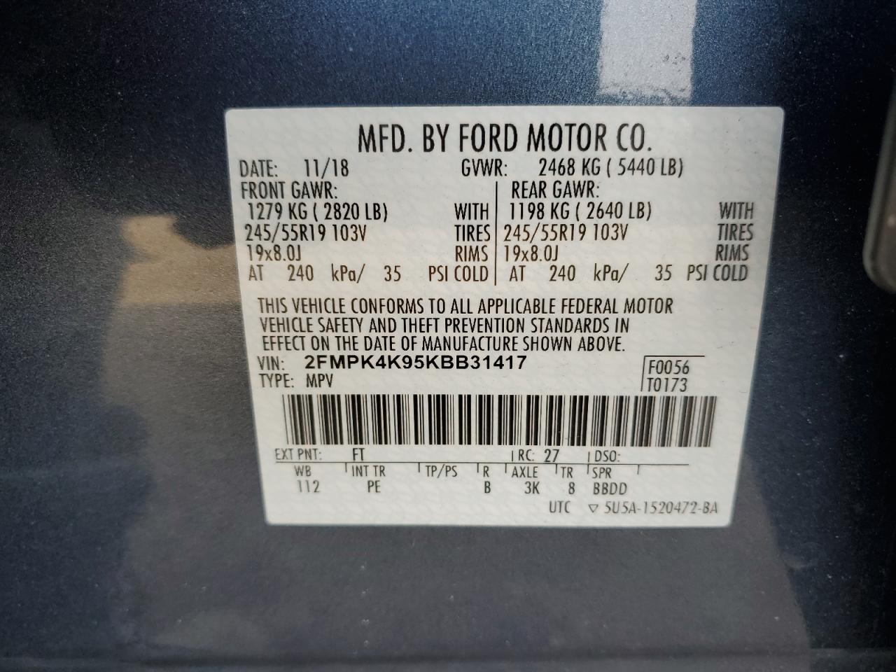 2019 Ford Edge VIN 2FMPK4K95KBB31417 Copart auction photo, front end / side damage thumbnail 12