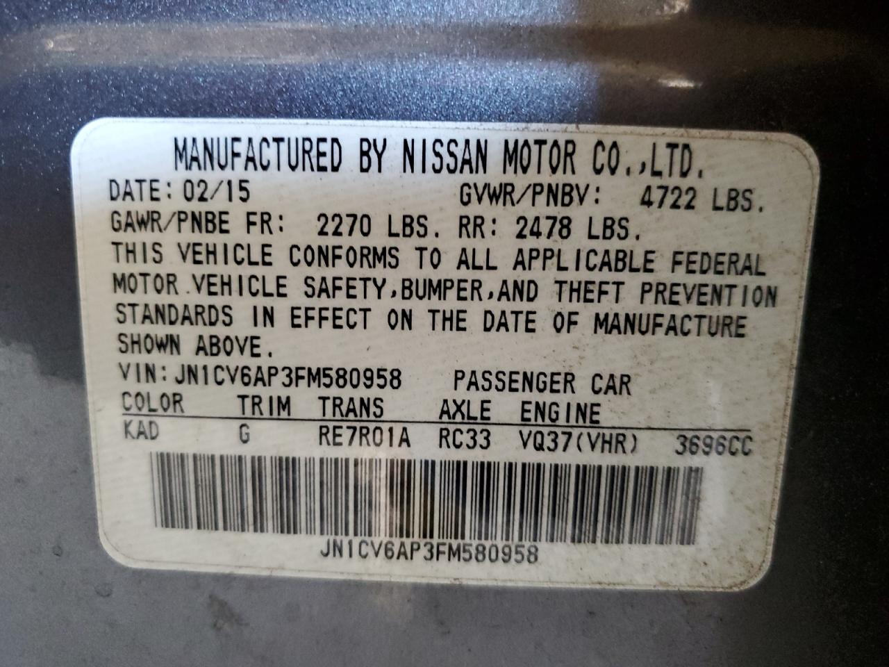 2015 Infiniti Q40 VIN JN1CV6AP3FM580958 Copart auction photo, rear end / side damage thumbnail 14