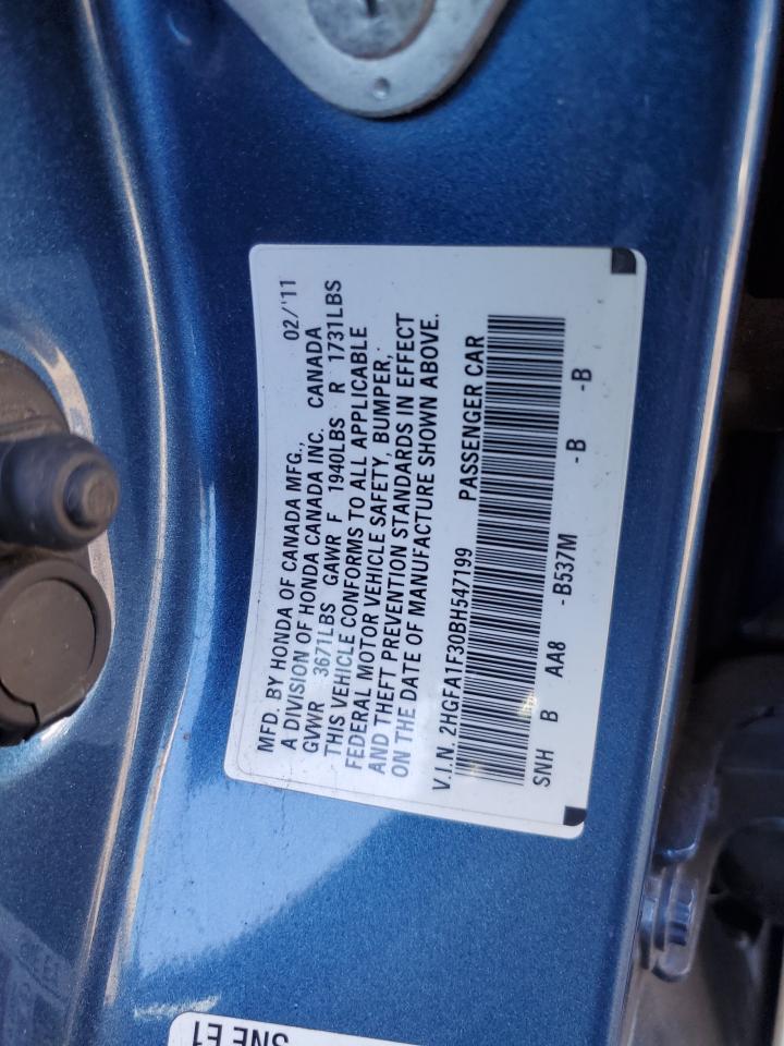 2011 Honda Civic VIN 2HGFA1F30BH547199 Copart auction photo, rear end damage thumbnail 12