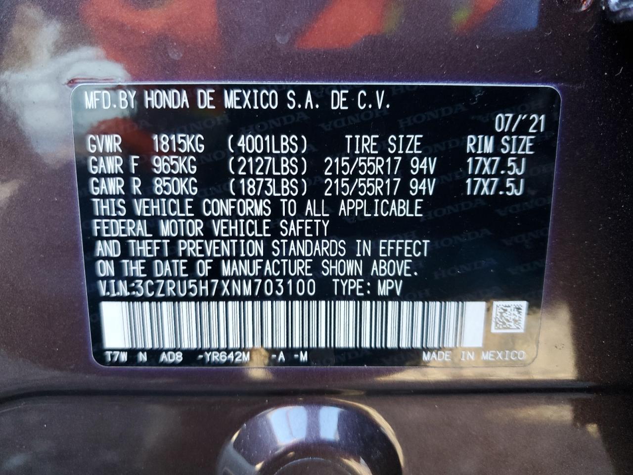 2022 Honda HR-V VIN 3CZRU5H7XNM703100 Copart auction photo, front end damage thumbnail 15