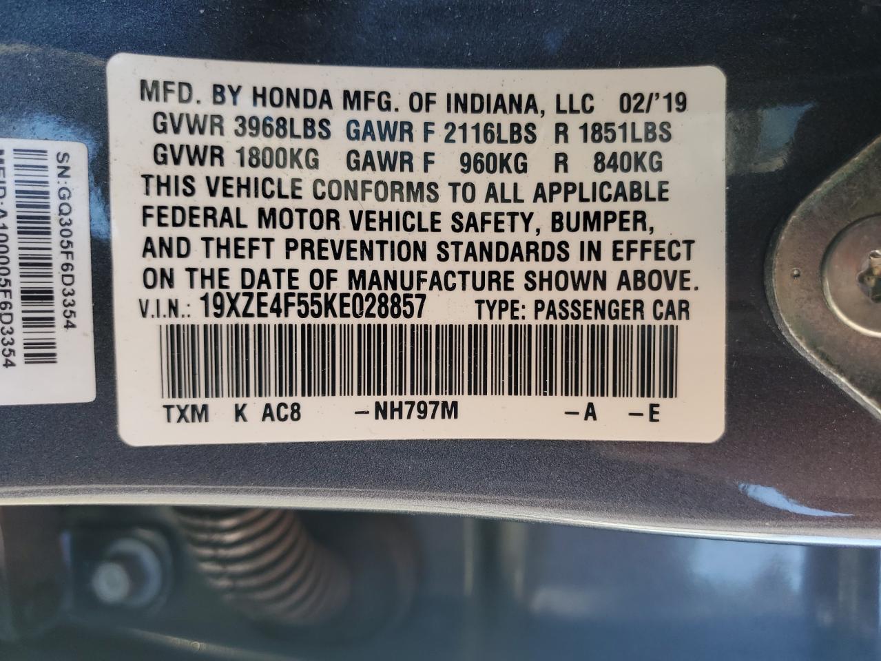 2019 Honda Insight VIN 19XZE4F55KE028857 Copart auction photo, front end / rear end damage thumbnail 15