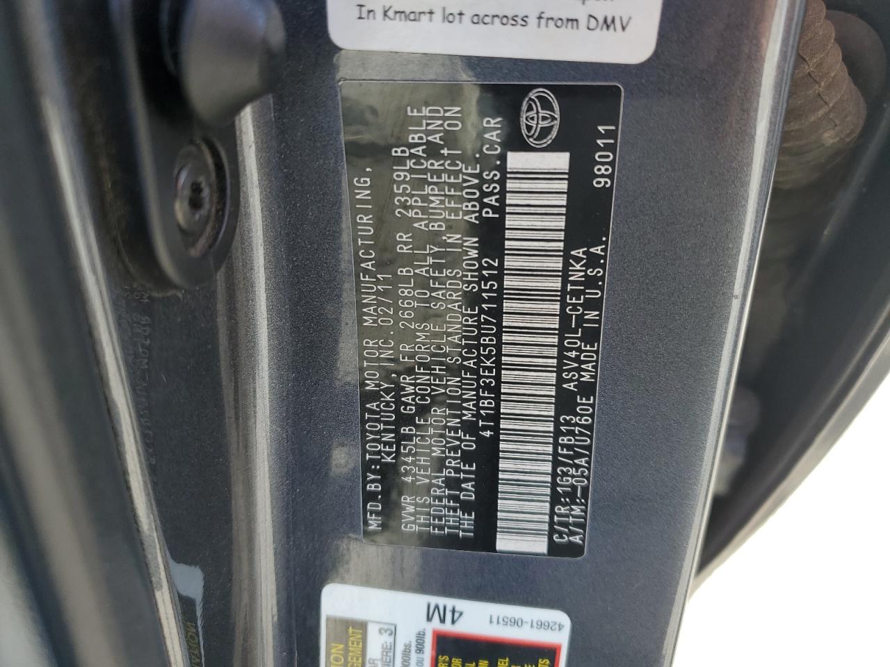 2011 Toyota Camry VIN 4T1BF3EK5BU711512 Copart auction photo, rear end damage thumbnail 12