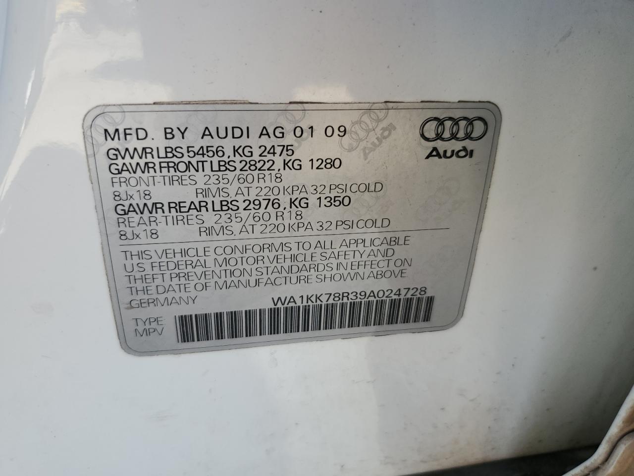 2009 Audi Q5 VIN WA1KK78R39A024728 Copart auction photo, front end damage thumbnail 13