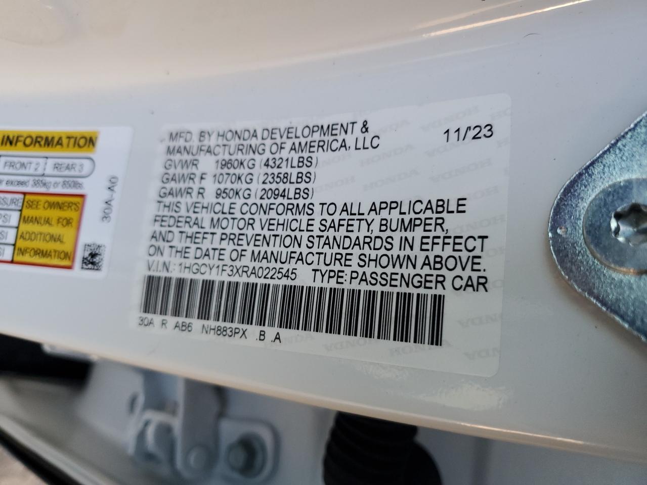 2024 Honda Accord VIN 1HGCY1F3XRA022545 Copart auction photo, front end / rear end damage thumbnail 14