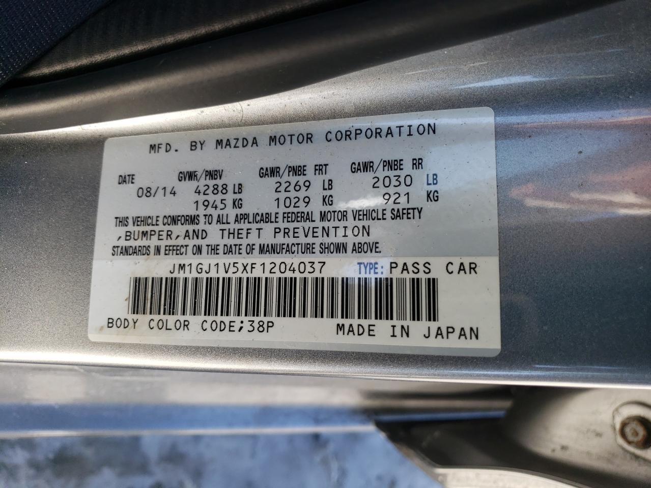 2015 Mazda 6 VIN JM1GJ1V5XF1204037 Copart auction photo, rear end / side damage thumbnail 12