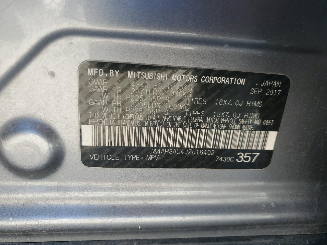 2018 Mitsubishi Outlander VIN JA4AR3AU4JZ016402 Copart auction photo, front end damage thumbnail 14