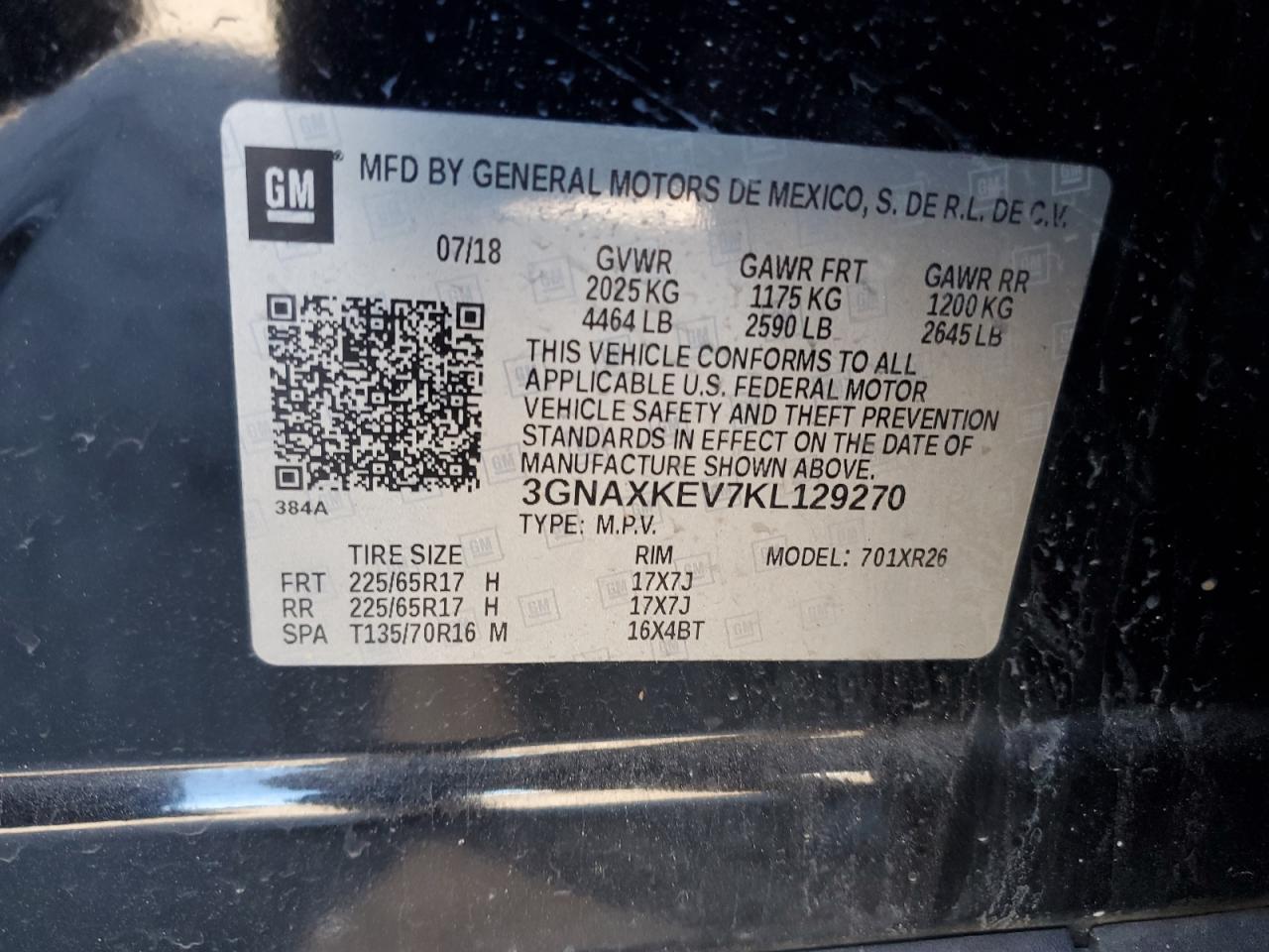 2019 Chevrolet Equinox VIN 3GNAXKEV7KL129270 Copart auction photo, front end / rear end damage thumbnail 14