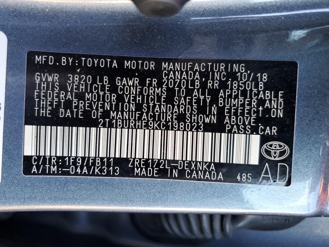2019 Toyota Corolla VIN 2T1BURHE9KC198023 Copart auction photo, front end damage thumbnail 15