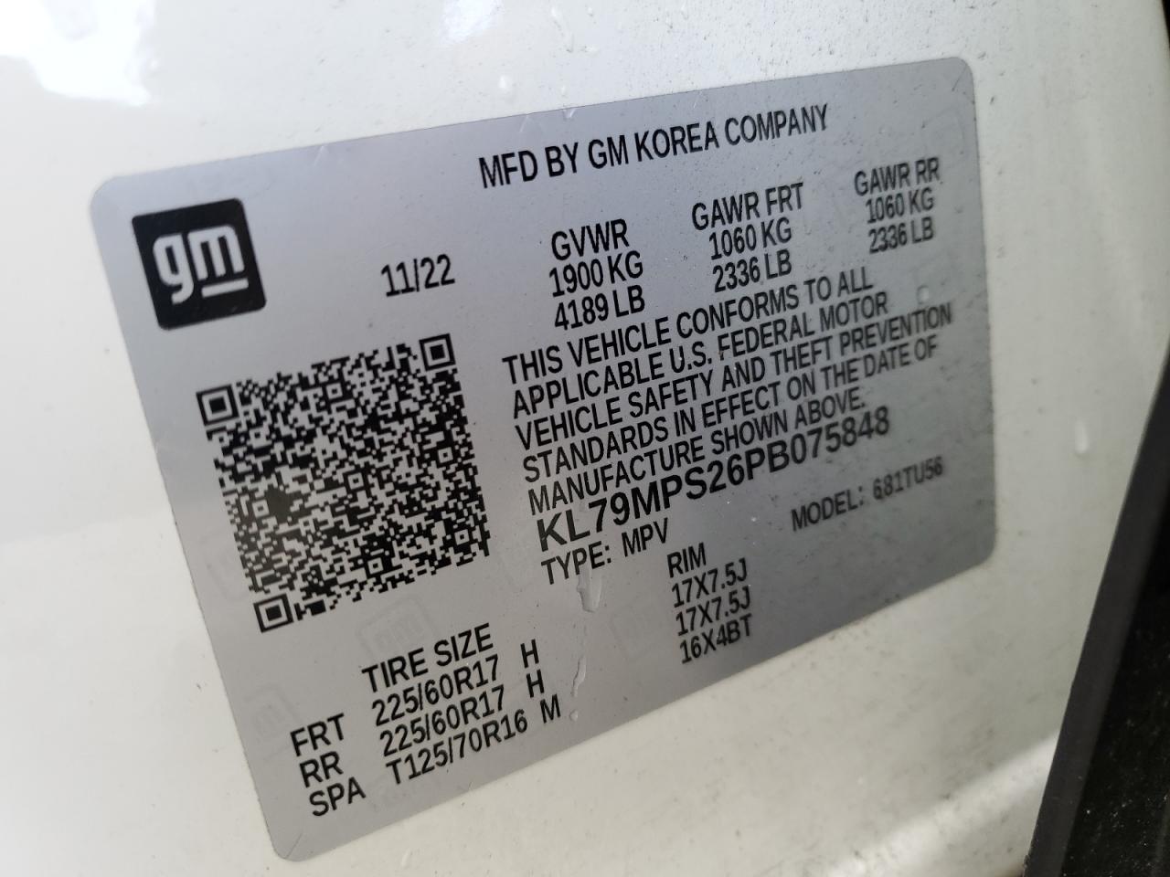 2023 Chevrolet TrailBlazer VIN KL79MPS26PB075848 Copart auction photo, front end damage thumbnail 15