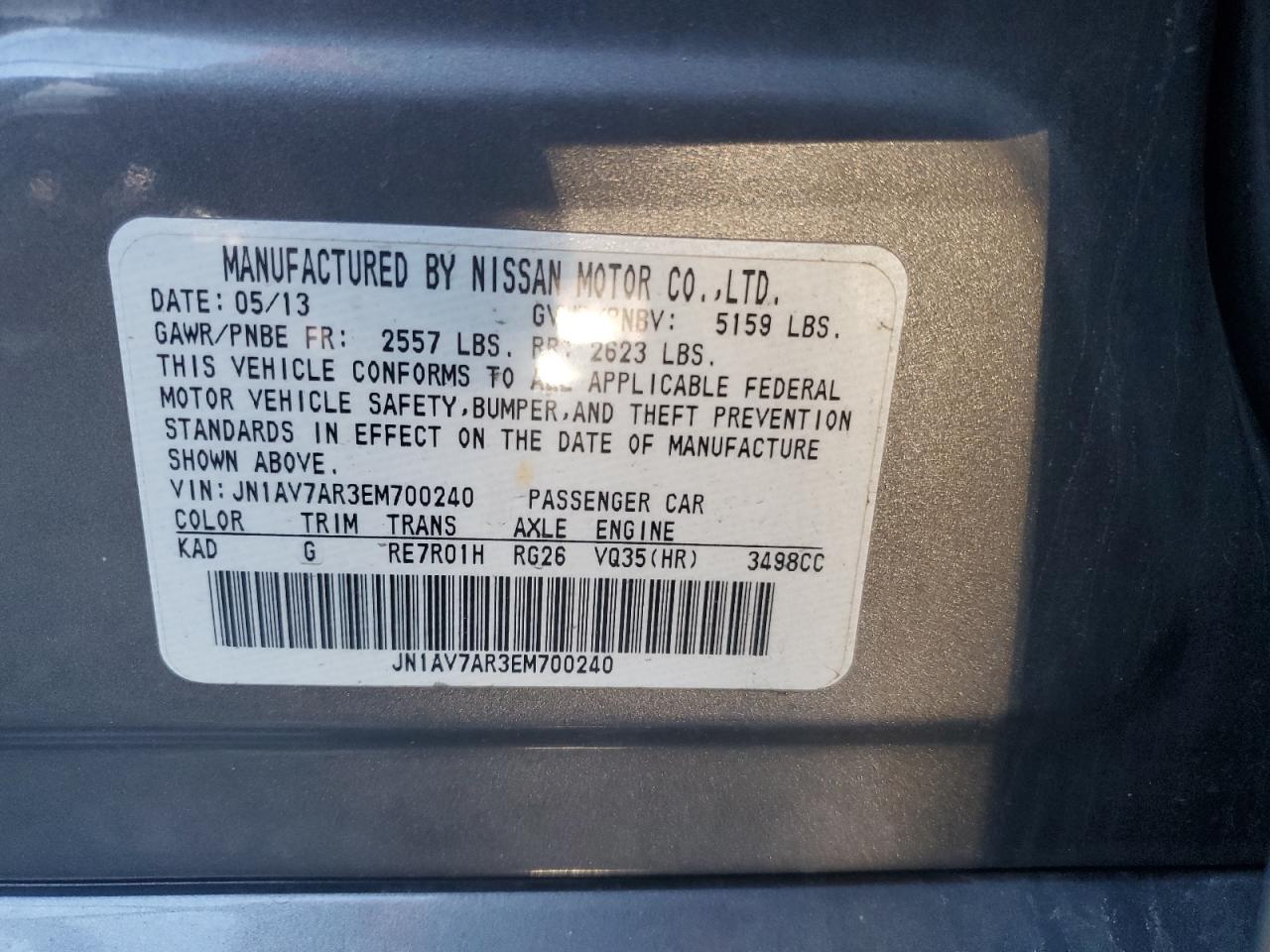 2014 Infiniti Q50 VIN JN1AV7AR3EM700240 Copart auction photo, front end / side damage thumbnail 13