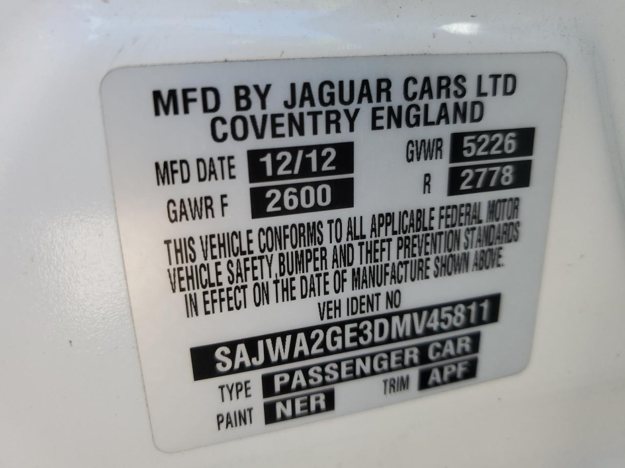 2013 Jaguar XJ VIN SAJWA2GE3DMV45811 Copart auction photo, water/flood damage thumbnail 13