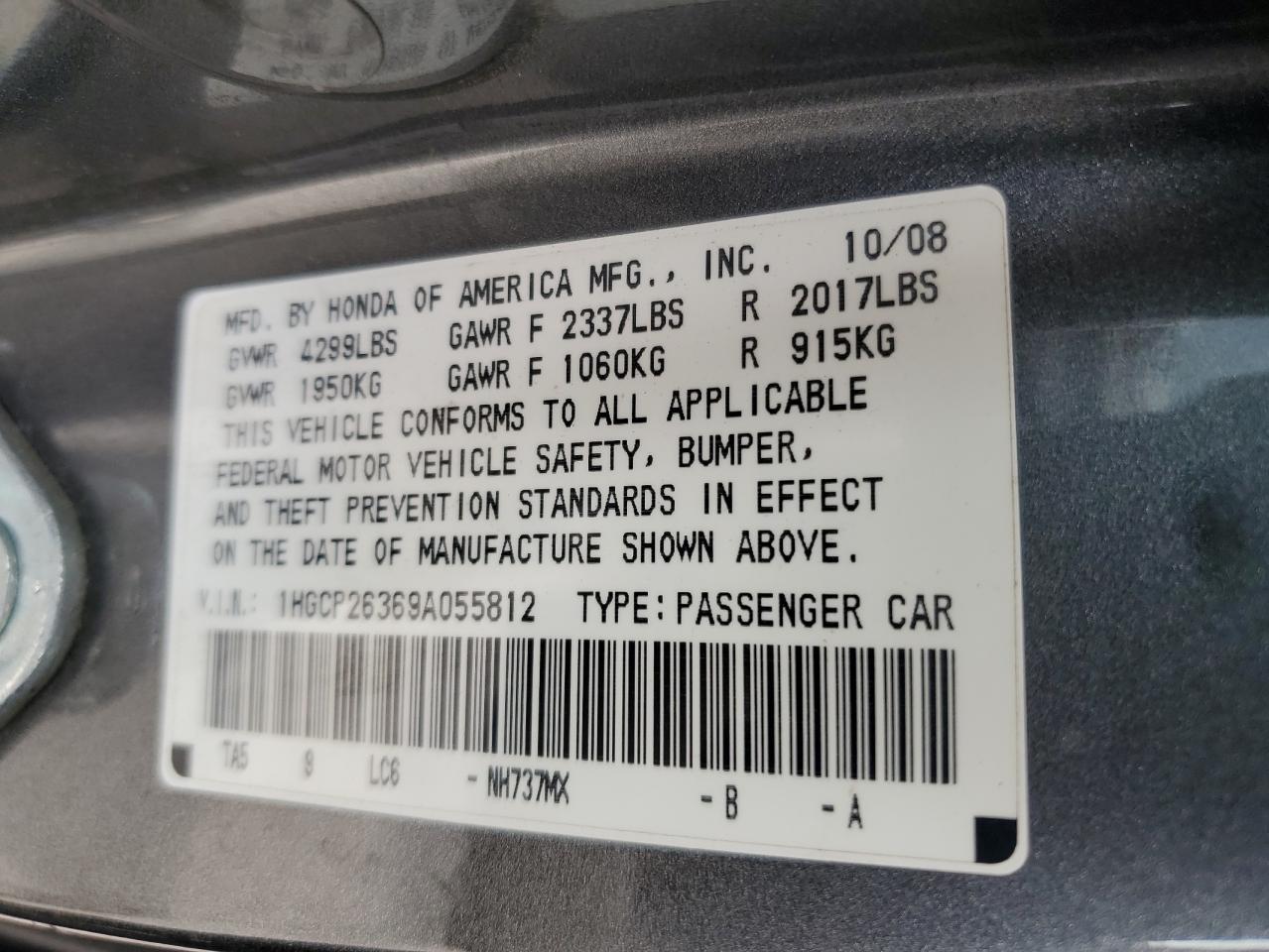 2009 Honda Accord VIN 1HGCP26369A055812 Copart auction photo, front end damage thumbnail 13