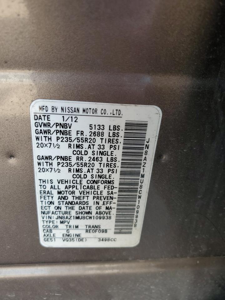 2012 Nissan Murano VIN JN8AZ1MU8CW109938 Copart auction photo, minor dent/scratches damage thumbnail 12