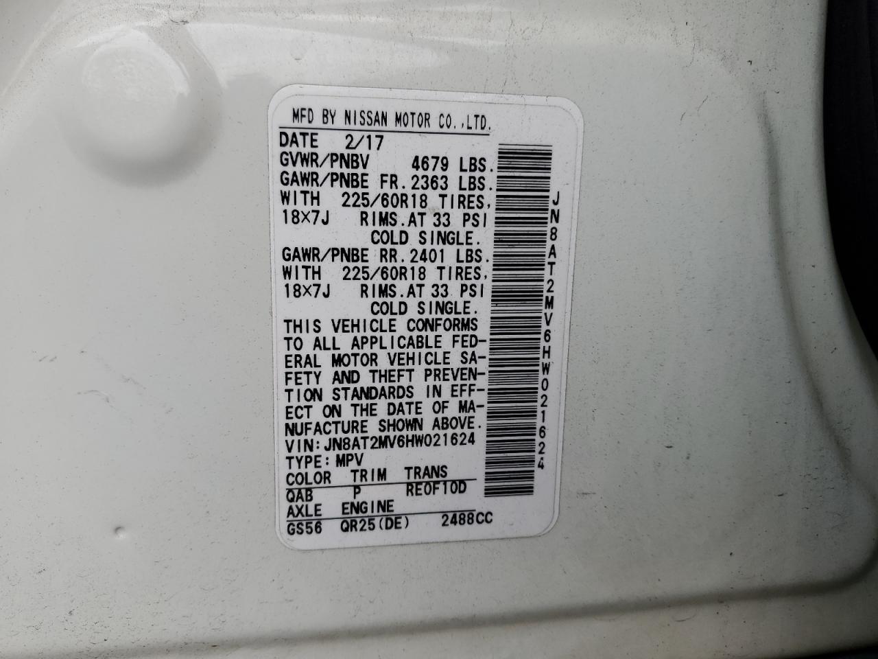 2017 Nissan Rogue VIN JN8AT2MV6HW021624 Copart auction photo, front end / top/roof damage thumbnail 15