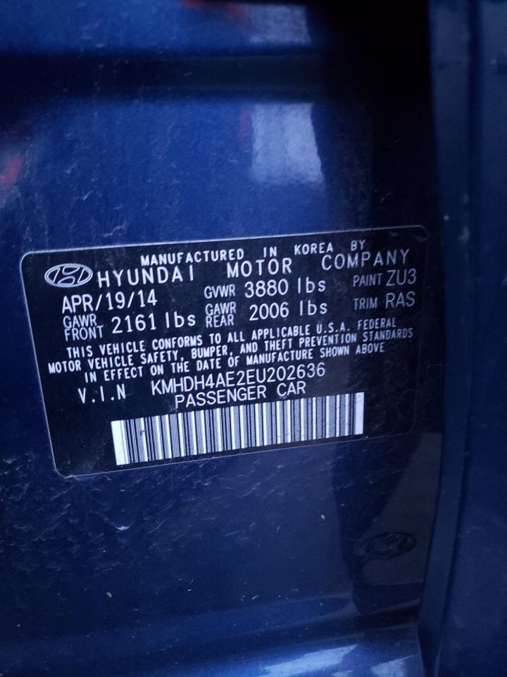 2014 Hyundai Elantra VIN KMHDH4AE2EU202636 Copart auction photo, side damage thumbnail 14