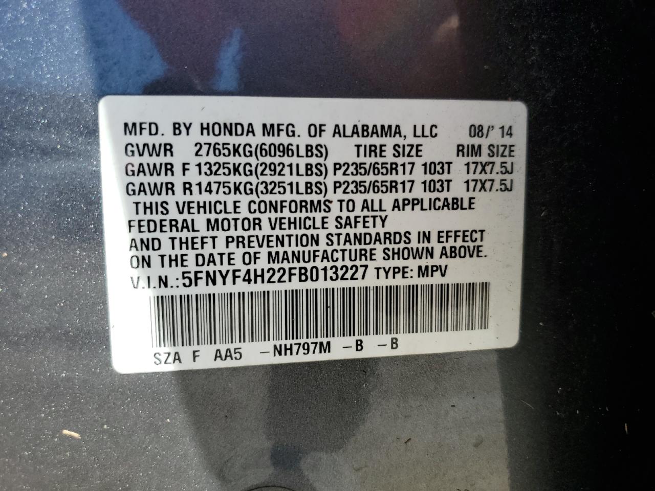 2015 Honda Pilot VIN 5FNYF4H22FB013227 Copart auction photo, water/flood damage thumbnail 14