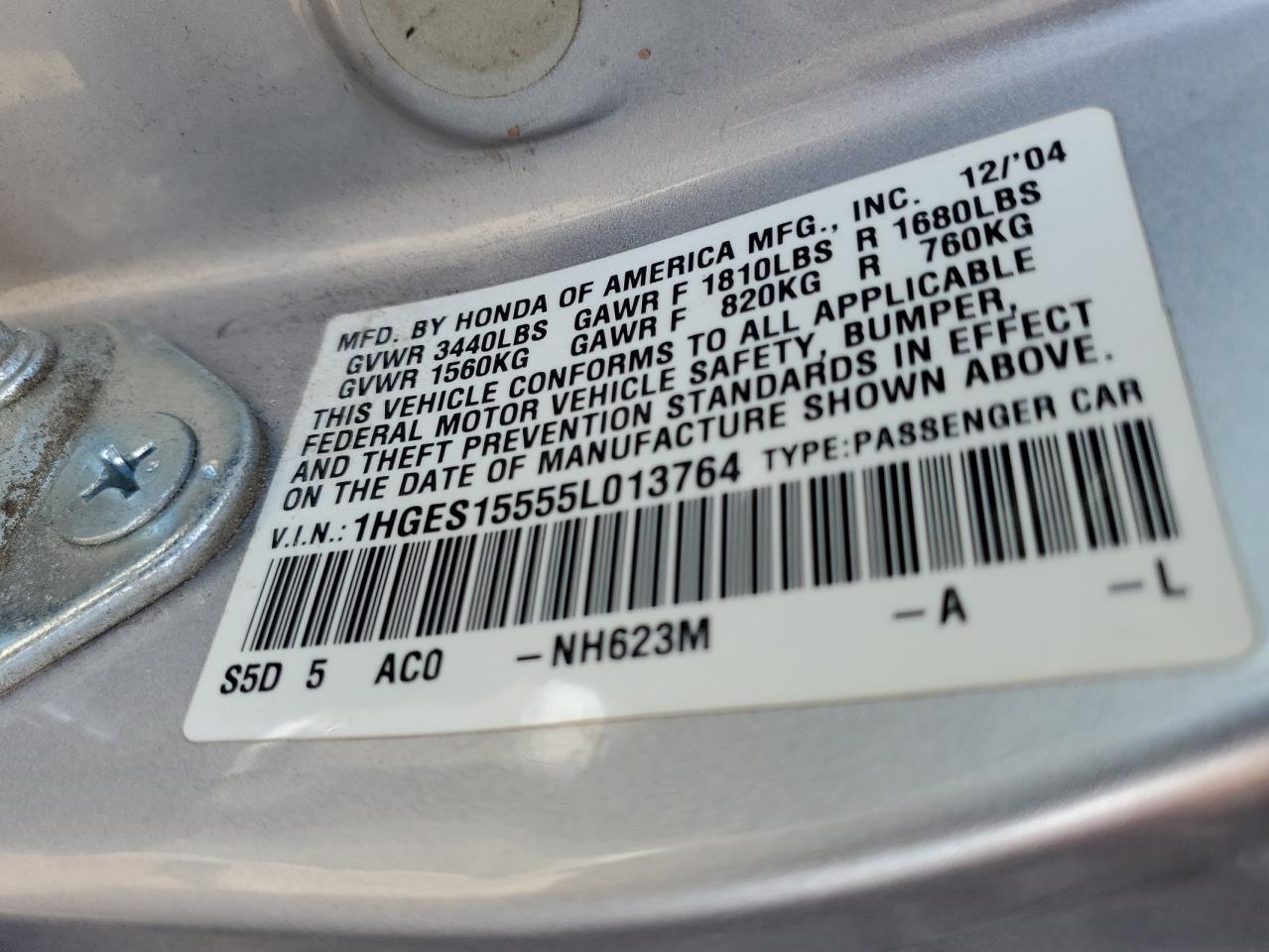 2005 Honda Civic VIN 1HGES15555L013764 Copart auction photo, front end / mechanical damage thumbnail 13
