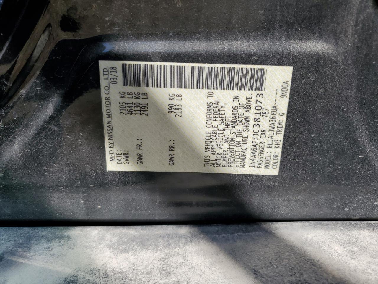 2018 Nissan Maxima VIN 1N4AA6AP3JC381073 Copart auction photo, front end damage thumbnail 15