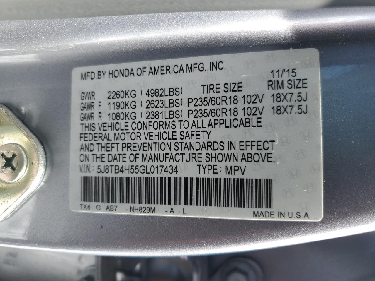 2016 Acura RDX VIN 5J8TB4H55GL017434 Copart auction photo, rear end / undercarriage damage thumbnail 13