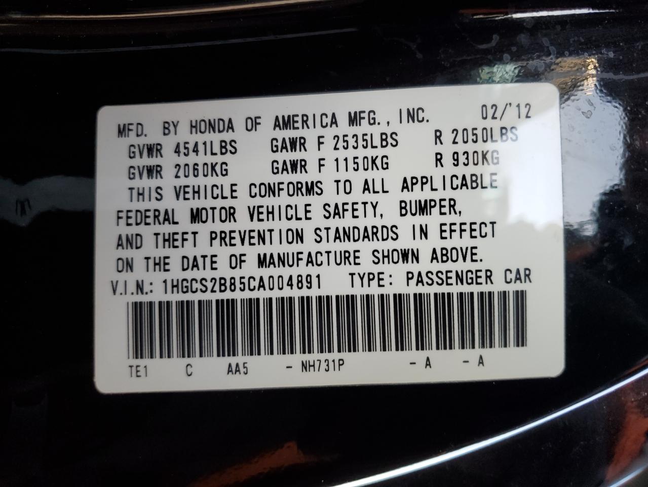 2012 Honda Accord VIN 1HGCS2B85CA004891 Copart auction photo, front end / minor dent/scratches damage thumbnail 13