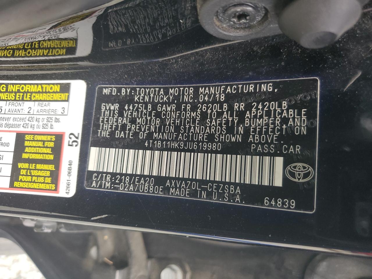 2018 Toyota Camry VIN 4T1B11HK9JU619980 Copart auction photo, rear end damage thumbnail 12