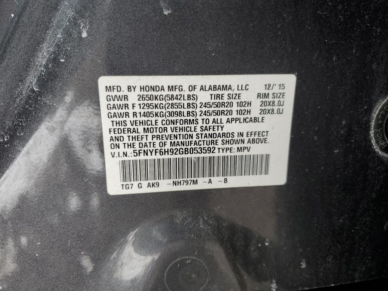 2016 Honda Pilot VIN 5FNYF6H92GB053592 Copart auction photo, front end / side damage thumbnail 13