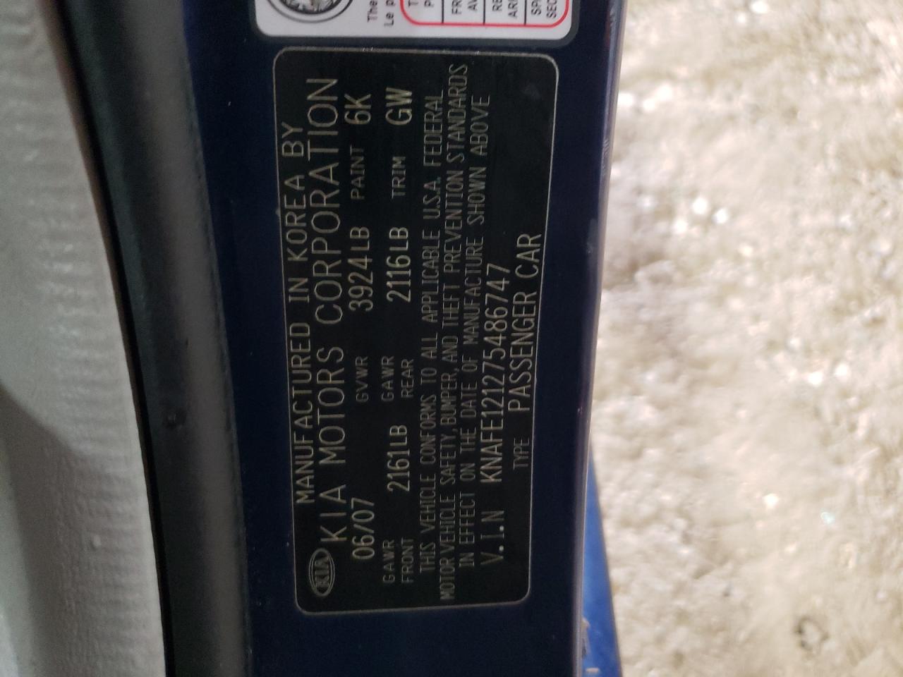 2007 KIA Spectra VIN KNAFE121275486747 Copart auction photo, water/flood / all over damage thumbnail 13