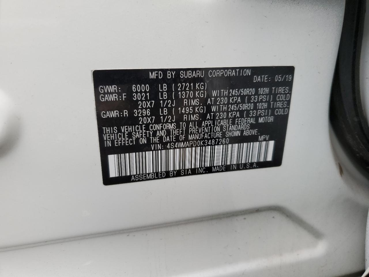 2019 Subaru Ascent VIN 4S4WMAPD0K3487260 Copart auction photo, front end damage thumbnail 13