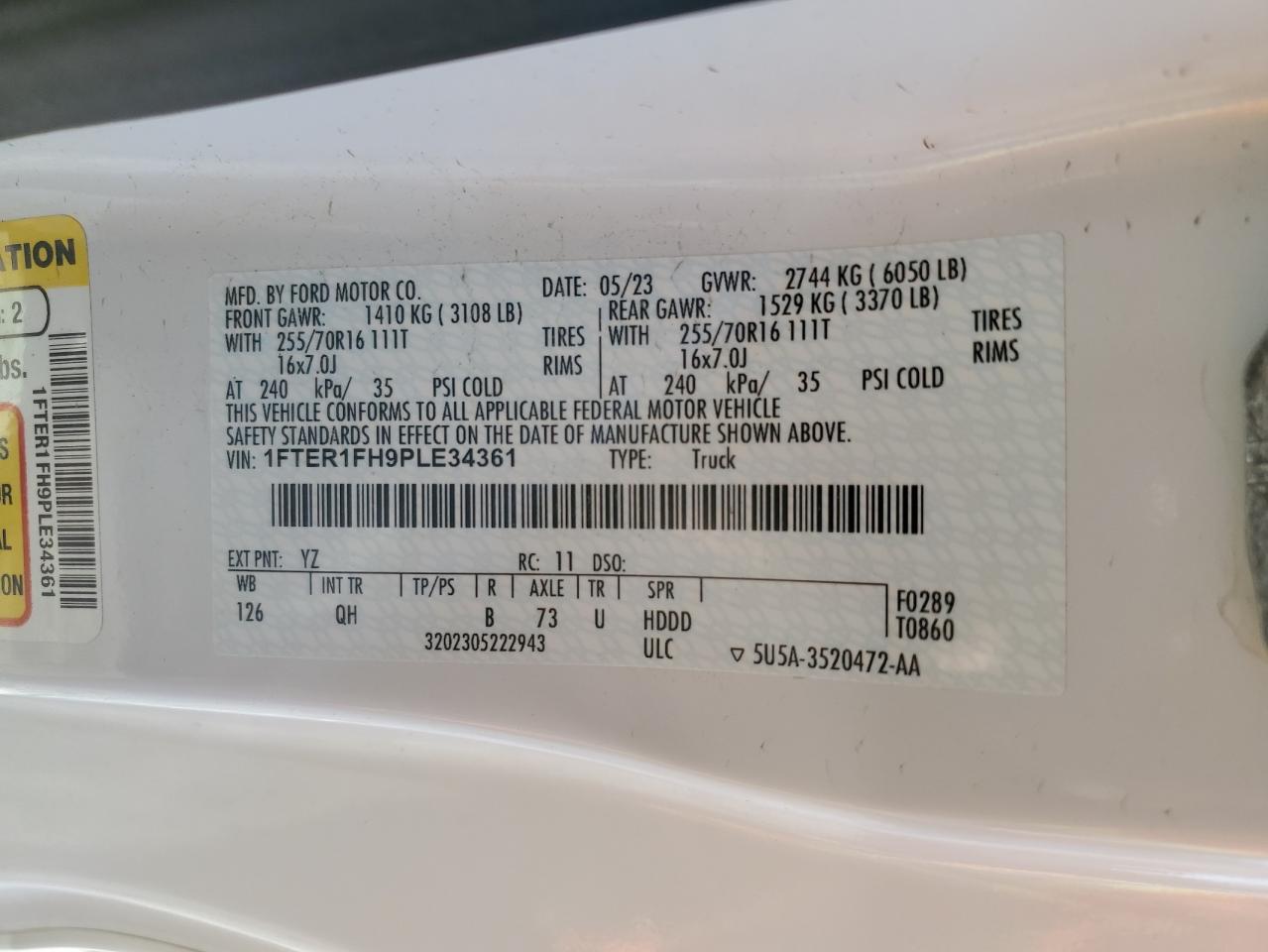2023 Ford Ranger VIN 1FTER1FH9PLE34361 Copart auction photo, front end / undercarriage damage thumbnail 12