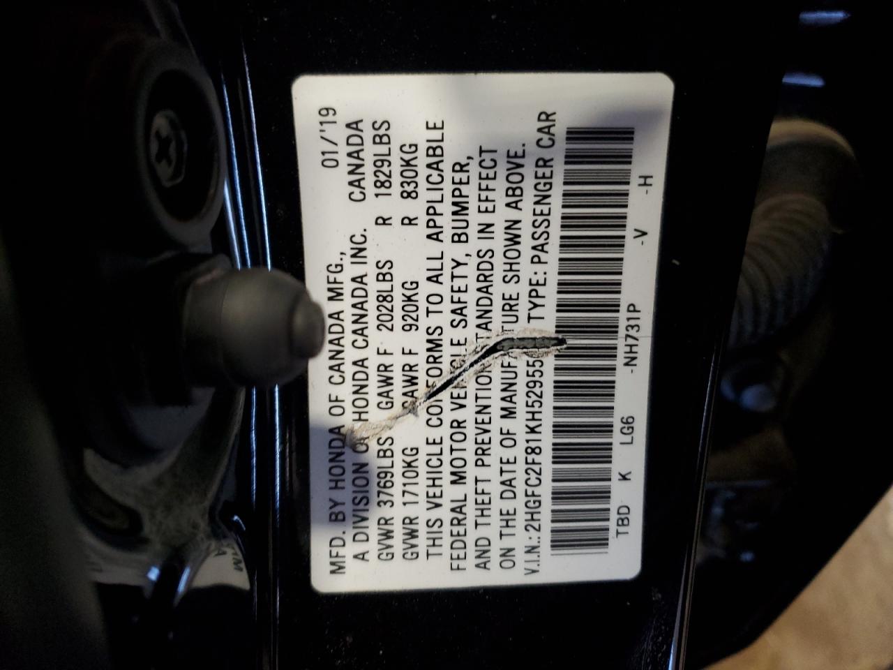 2019 Honda Civic VIN 2HGFC2F81KH529550 Copart auction photo, front end / side damage thumbnail 12