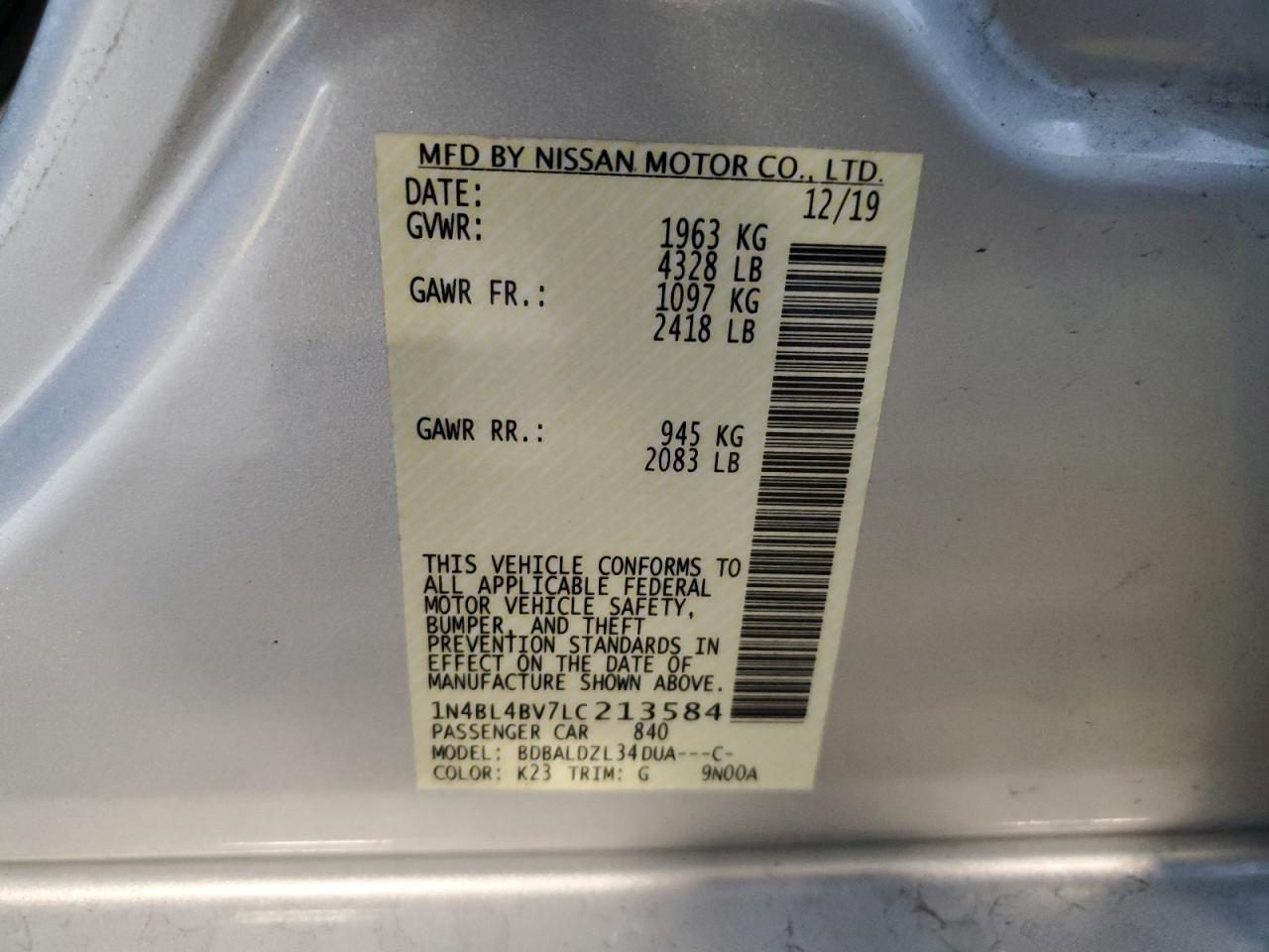 2020 Nissan Altima VIN 1N4BL4BV7LC213584 Copart auction photo, rear end damage thumbnail 13
