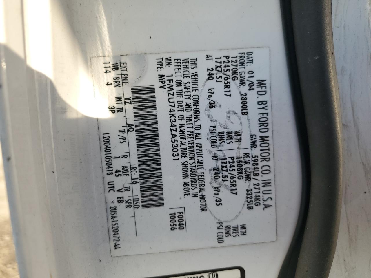 2004 Ford Explorer VIN 1FMZU74K34ZA53031 Copart auction photo, burn damage thumbnail 14